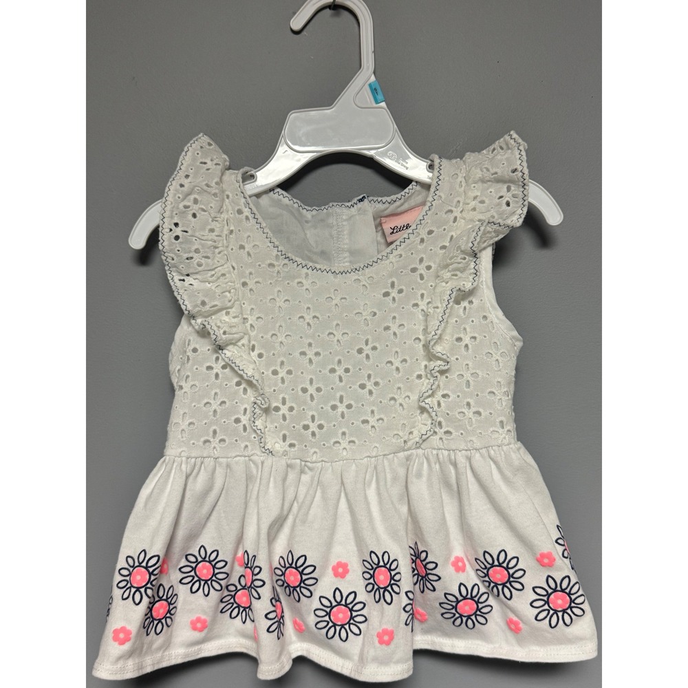 Little Lass Girls White Eyelet Ruffle Peplum Top Floral Pink Navy Size 4 Cottage